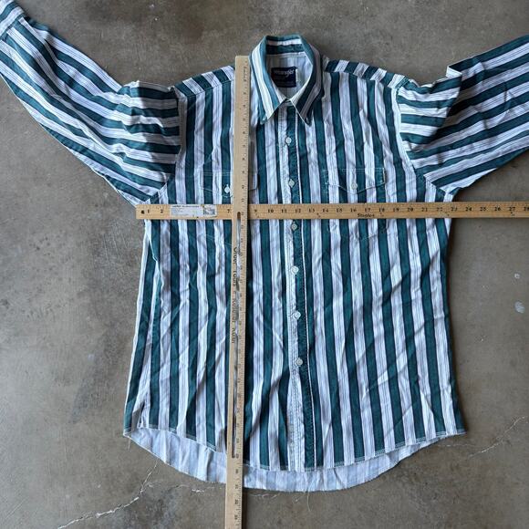 VINTAGE 80S WRANGLER GREEN STRIPED BUTTON UP SHIRT DRESS WESTERN FITS LARGE - Picture 5 of 5
